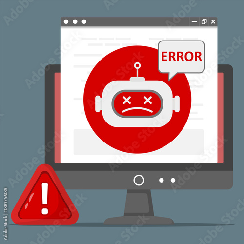 Computer screen showing robot error alert and warning sign, symbolizing system failure, AI malfunction, software problem, crash notification, and technology risk.