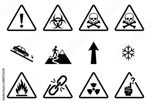 Line art universal warning signs set featuring danger, caution, and informational symbols for industrial and public safety