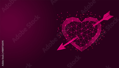 Low poly wireframe heart pierced by an arrow on dark pink background.