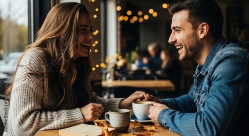 Couple enjoying coffee and conversation in cozy cafe atmosphere