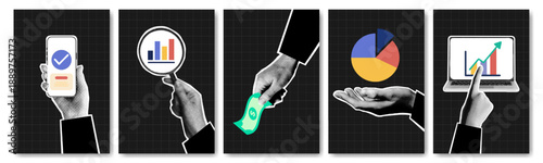 Halftone hand collage with laptop, pie chart, rising arrow and mobile phone symbolizing digital finance, investment banking or social media business marketing. Torn paper sticker with infographic icon