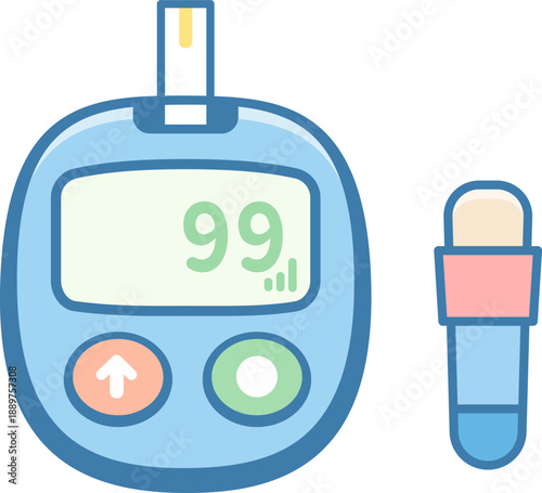 Flat Blood Glucose Meter Icon with Test Strip for Diabetes Monitoring