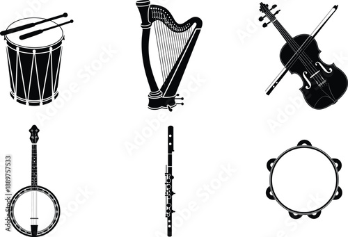 Black and white musical instruments drum harp