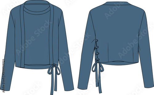 Technical fashion sketch of blue layered top with waist tie, round neckline, lace-up back detail, front and back view for garment design and illustration