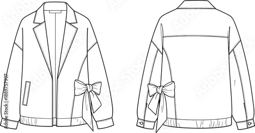 Technical Fashion Illustration Vector of a White Oversized Blazer Jacket Featuring a Large Side Bow Detail Welt Pockets and Drop Shoulders for Apparel Design