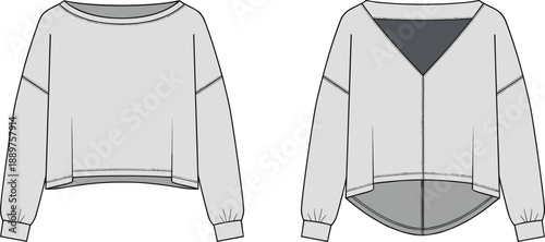 Technical Fashion Illustration Vector of a Cropped Mauve Raglan Sweatshirt Featuring Puff Sleeves with Wide Ribbed Cuffs and Hem for Women Apparel Design