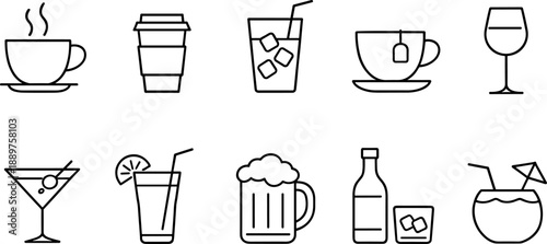 Set of black line icons representing different beverages including coffee cup, takeaway coffee, iced drink, cocktail, wine glass, beer mug, juice, milkshake, tea cup, and tropical drink. Minimalist ou