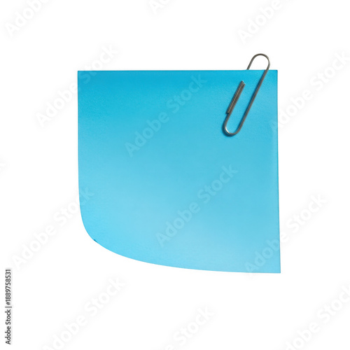 Blue paperclip on paper isolated on transparent background