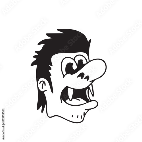 Dynamic monochrome illustration of a ghoulish cartoon character's head, featuring exaggerated features, an open mouth with sharp fangs, and spiky hair, capturing a spooky yet humorous concept