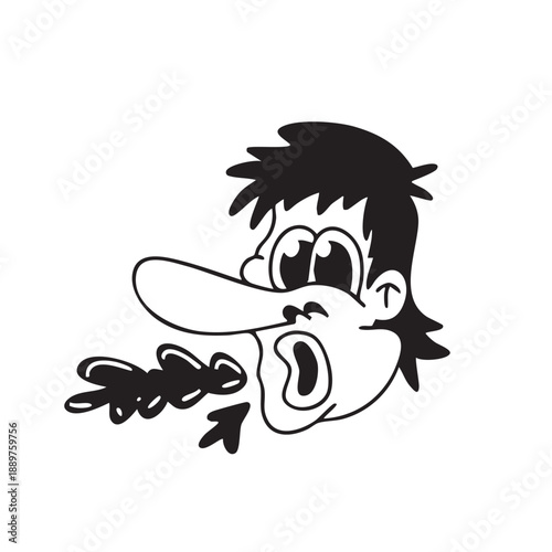 Whimsical cartoon character illustration with an exaggerated long nose and spiky hair, caught in a comical moment of dramatic surprise, a forceful sneeze, or a loud vocal outburst