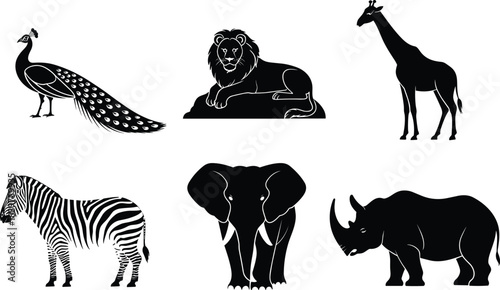Black silhouettes of animals including peacock lion giraffe zebra elephant rhino