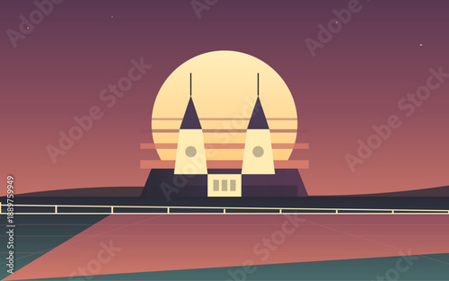 Twin Spires Churchill Downs Kentucky Horse Racing Track Racetrack Fence Retrowave Sunset Minimalist Flat Vector Illustration Landmark Design