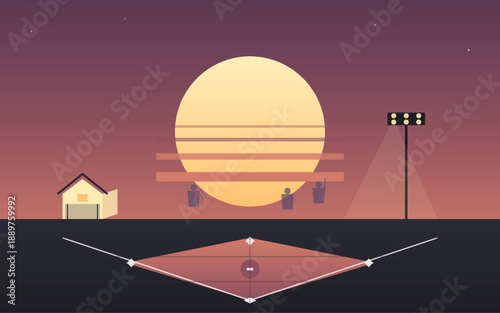 Baseball Diamond Cornfield Iowa Field of Dreams Retrowave Sunset Minimalist Flat Vector Illustration Rural Landscape Design