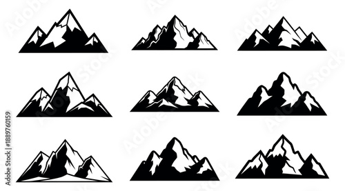 Line art mountain icon set featuring various peaks and ranges for outdoor adventure designs