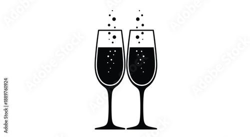 Two champagne flutes with bubbles a minimalist black silhouette