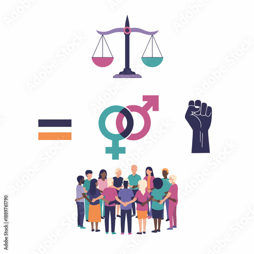A visual representation of social justice, gender equality, diversity, and human rights with symbols and a diverse group of people.