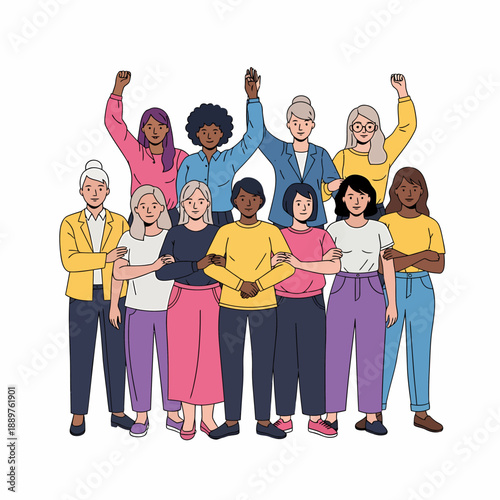 A diverse group of women of various ages and ethnicities standing together, some raising fists in solidarity, representing empowerment and unity.