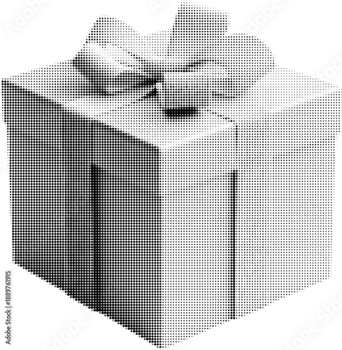 Black and white halftone illustration of a Christmas girt present. In retro vintage comic book dotted texture newspaper print pop art style. 