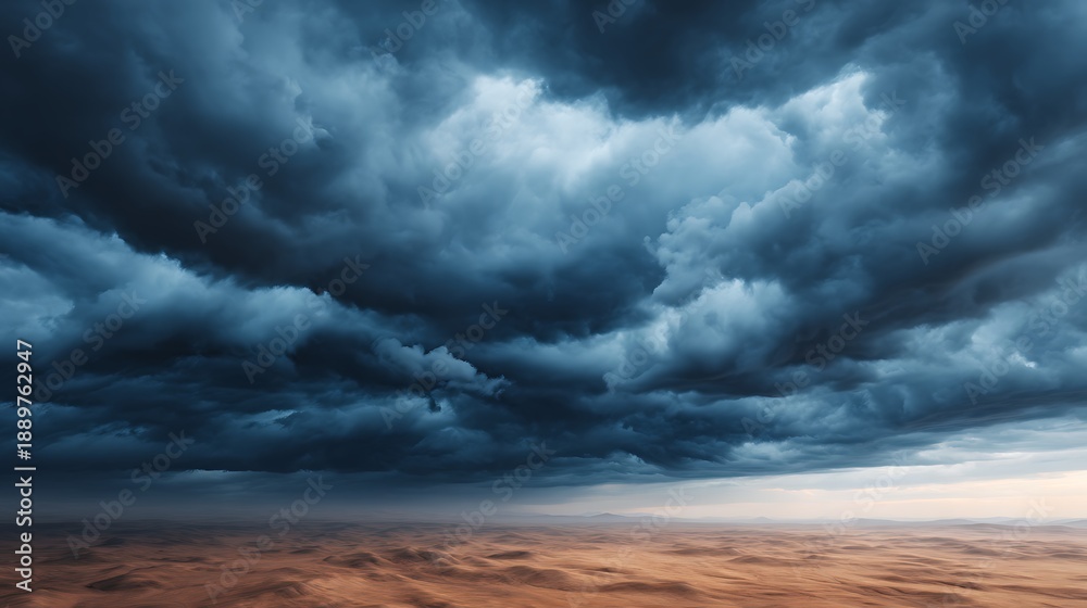 Obraz premium Dramatic storm clouds loom over a vast desert landscape, creating a striking contrast between dark skies and arid terrain.
