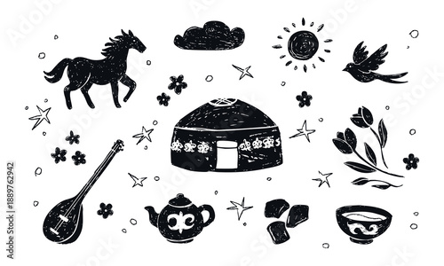 Kazakh culture Illustration set with yurt, horse and traditional elements for nauryz in hand drawn naive style black and white