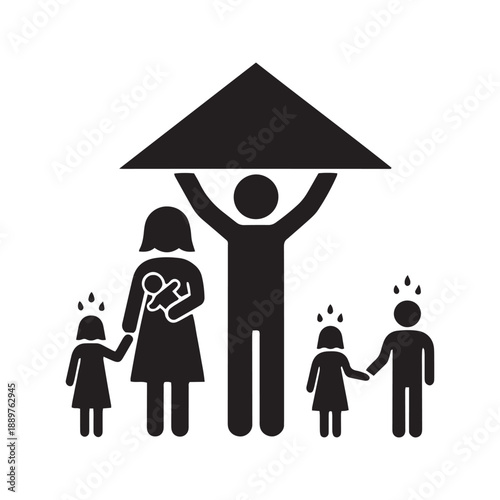 Man Supporting Family Holding Up Roof Over Head Concept Stick Figure Illustration
