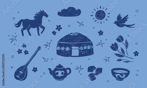 Kazakh culture Illustration set with yurt, horse and traditional elements for nauryz in hand drawn naive style