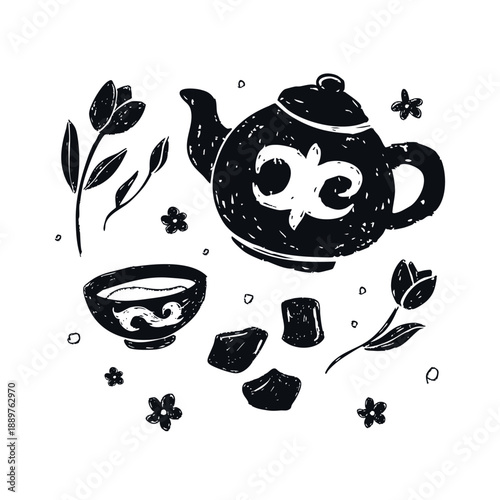 Hand Drawn Kazakh Tea Ceremony Illustration Set with Teapot and baursaks Nauryz