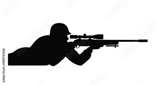 Prone sniper aiming with a rifle dark outline silhouette