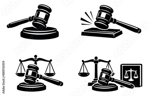 Graphic legal icons set featuring gavels, scales of justice, and a law book for court and judgment