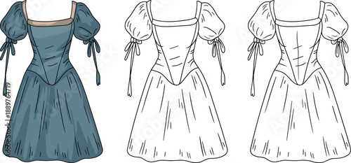 Fashion technical sketch of a puff sleeve tiered mini dress with square neckline and back zipper fashion template