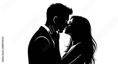 A romantic couple sharing a tender moment in black silhouette