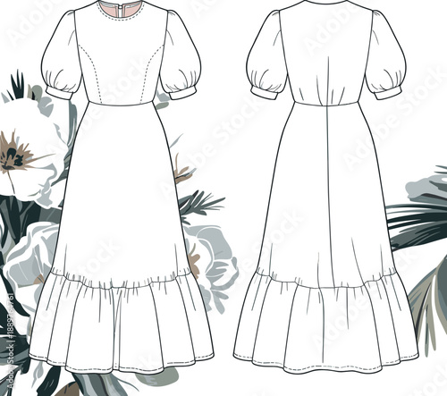 Fashion technical sketch of a puff sleeve white maxi dress with ruffled hemline and floral background illustration design