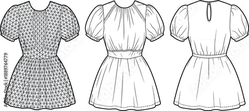 Fashion technical sketch of a womens puff sleeve dress with gathered bodice front and back views for design.