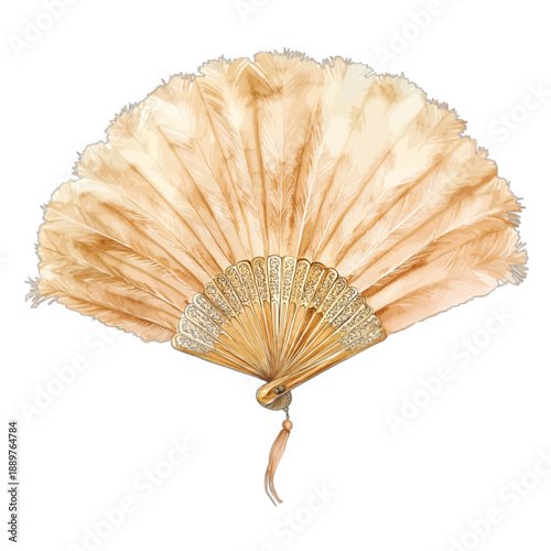 Vintage Victorian cream ostrich feather hand fan with gold filigree