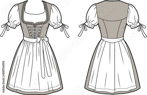 Fashion technical sketch of womens traditional dirndl dress with lace up bodice and lantern sleeve button front dress, vector.