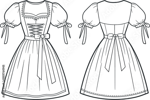 Fashion technical sketch of womens traditional dirndl dress with lace up bodice and tiered square neck mini dresses, vector.