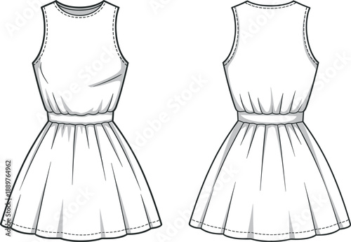 Fashion technical sketch of womens traditional dirndl dresses, lantern sleeve button front dress, and sleeveless skater dress, vector.