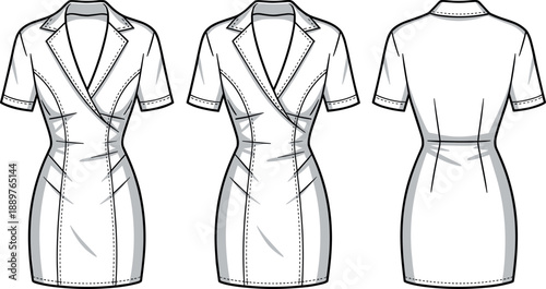 Women short sleeve blazer dress technical fashion illustration vector sketch with notched lapel and princess seams line art