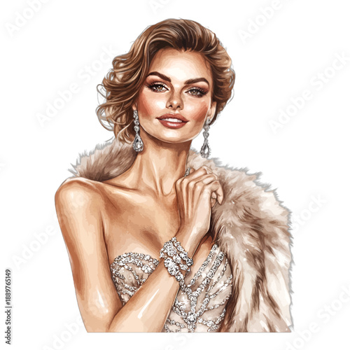 Glamorous Woman Fashion Illustration Wearing Fur Coat and Diamond Jewelry