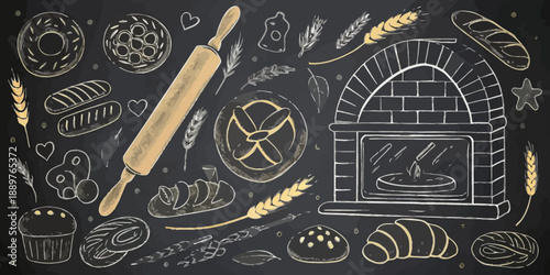 Vintage Chalkboard Vector Illustration Set of Baking Ingredients and Tools: Flour, Eggs, Whisk for Recipes and Kitchen Decor