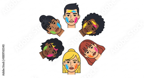 Diverse Cartoon Faces with Colorful Paint on Lips and Cheeks Isolated on White