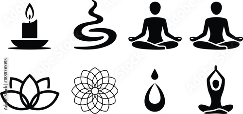 Six black and white yoga meditation symbols and