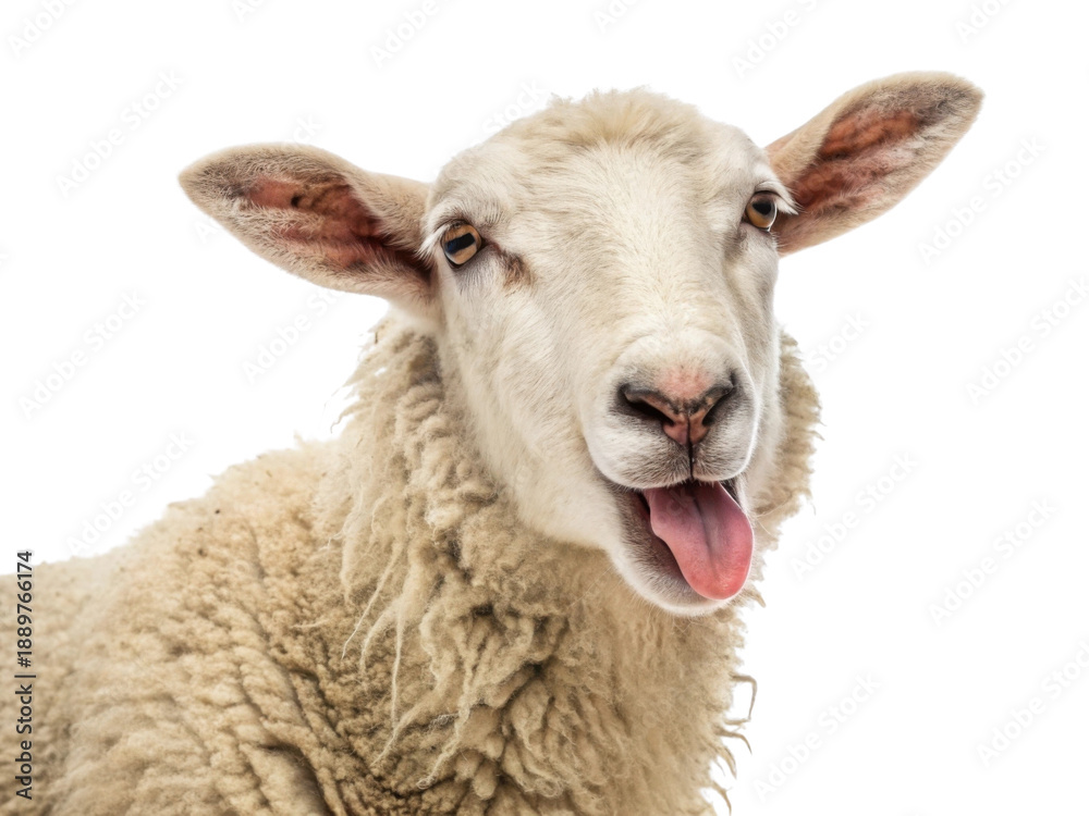 Fototapeta premium A playful sheep with a curious expression, showcasing its fluffy wool and playful demeanor.