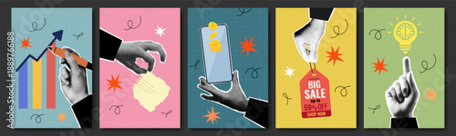 Social media business marketing banner with halftone hand torn paper sticker, mobile phone, light bulb idea icon and finance infographic. Retro web background with money, message, graph or sale tag.