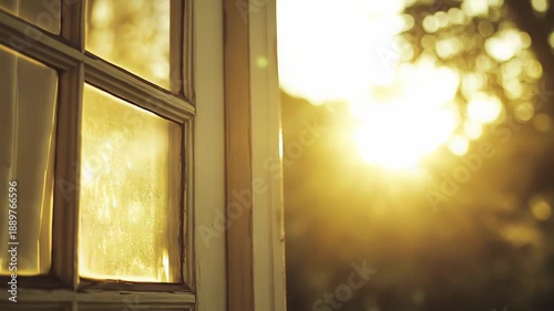 Warm morning sun rays entering through an old wooden window, creating a serene and glowing atmosphere with bokeh light filtering through trees in the background