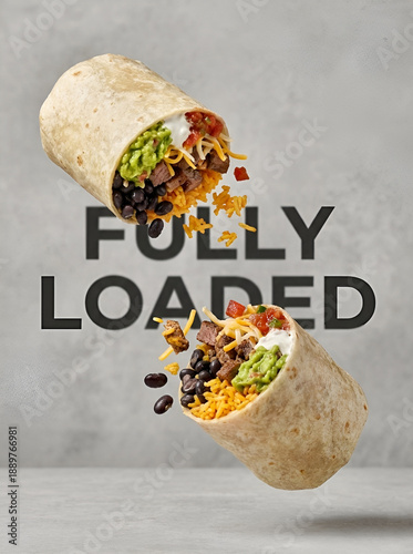 Burrito Food Poster � Flying Mexican Wrap with Beef, Beans, and Cheese for Restaurant Marketing