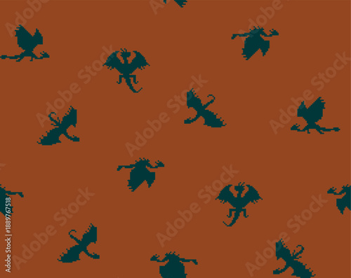 Vector seamless patternt with dark little pixel silhouettes of dragons on brown. Pixels package, textile, mens clothing, packaging, wallpaper, apparel fabric, home decor.