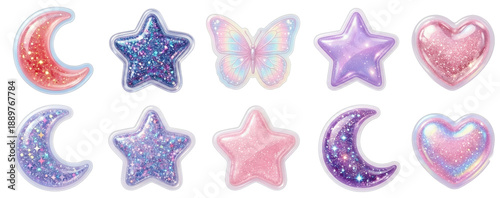 Sparkling Glitter Moon, Star, Heart, and Butterfly Stickers - Pastel Colors
