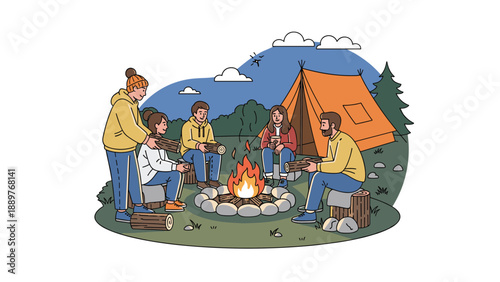 A group of happy young friends sitting around a bonfire at a campsite at night, talking, drinking, and enjoying the outdoors.