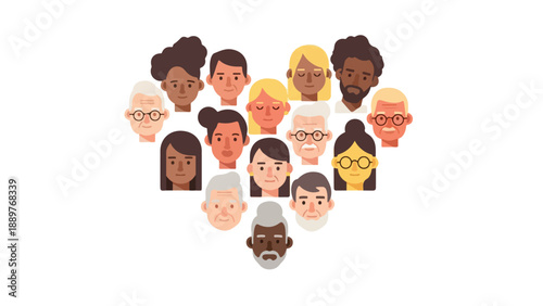 Illustration of diverse group of people forming a heart shape with their faces on a white background, promoting unity and awareness for International Anti-racism and Elimination of Racial